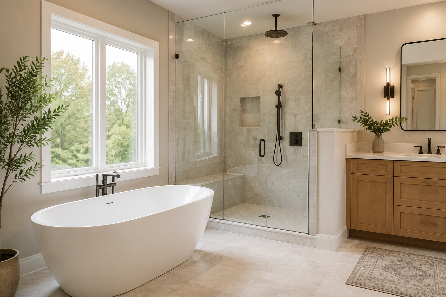 Modern bathroom remodel with freestanding tub and glass shower